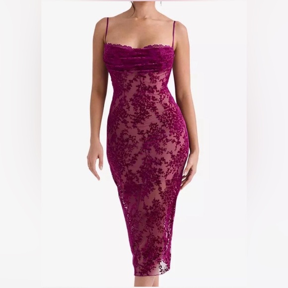 HOUSE OF CB - IONE - 
CRANBERRY DEVORE MIDI DRESS - Picture 2 of 4